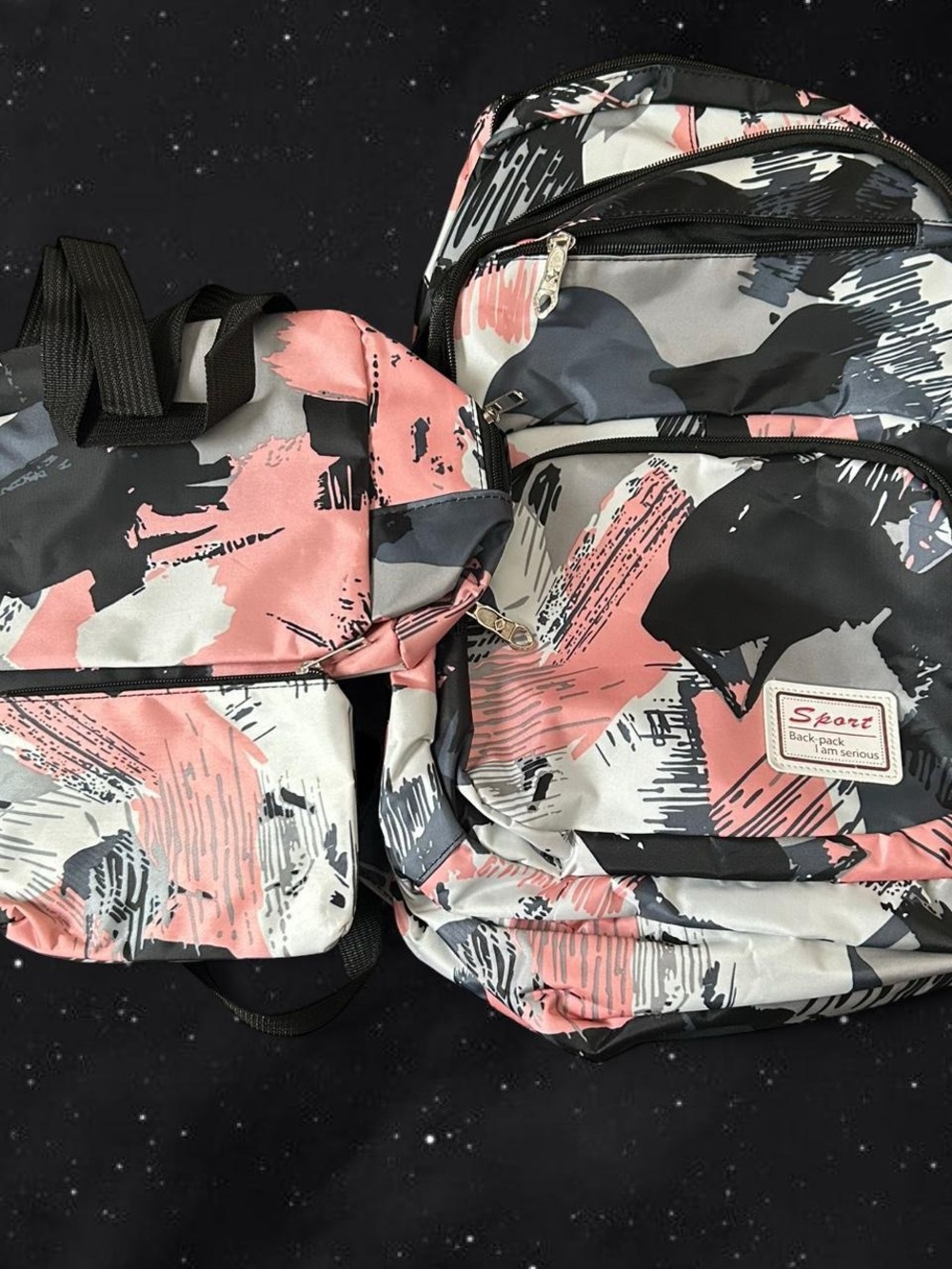 Pink & Gray Abstract Print Backpack with Matching Pouch